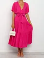 Bohemian V-neck maxi dress with ruffle sleeves and waist tie in vibrant pink - Rose Red