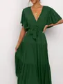 Elegant dark green V-neck ruffle sleeve boho maxi dress with waist tie belt and tiered skirt - Grass Green
