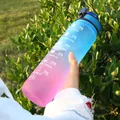 Close-up detail of a 1000ml blue to pink gradient water bottle with hydration time markers - 1000ml / Blue Pink Gradient