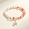 Elegant natural freshwater pearl bracelet with pink agate beads and silver butterfly charm - Yanyuan Agate Freshwater Pearl Butterfly Style