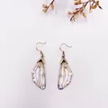 Ethereal gradient cicada wing drop earrings with colorful rhinestones in gold finish. - Bronze Style / Gray