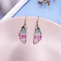Elegant cicada wing drop earrings featuring purple green gradient and sparkling rhinestones - Bronze Style / Green Pink Gradient
