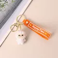Cute flocked lamb keychain with orange Happy Time strap, perfect for school bag decor. - Sheep Shape / Sheep
