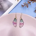 Elegant gradient cicada wing drop earrings with sparkling rhinestone and gold hooks - Gold Style / Green Pink Gradient