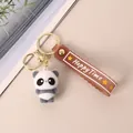 Cute flocked panda doll keychain with brown 'Happy Time' rubber strap for student bags - Panda
