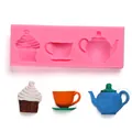 Detailed view of the silicone mold showing teapot and cupcake shapes with finished samples - Afternoon Tea Pot Cupcake Style (50-507) / Pink
