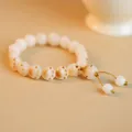 Natural white jade Bodhi root beaded bracelet featuring toasted cat paw shaped charms - Cat Paw Style (With Pendant and Tail Bead)