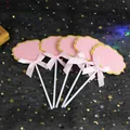 5er-Set rosa Blanko-Kuchenstecker mit goldenem Glitzerrand und dekorativen Schleifen - 5er Set / Rosa