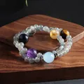 Natural stone double-layer bracelet with mixed crystal beads on a wooden display stand - Grey Moonlight Aquamarine Tiger Eye Citrine Bracelet