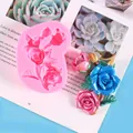 Detailed macro shot of a pink rose silicone mold beside vibrant finished resin flower - Rose Bouquet Mold (50-2819) / Pink