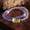 Bracelet double tour élégant en améthyste et cristal blanc avec breloque lion jaune et perle - Pendentif en forme de fruit / Violet/Transparent