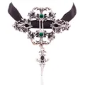 Vintage gothic vampire black ribbon choker with silver ornate pendant and green gems - Green