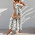 Bohemian ethnic print strapless jumpsuit with knot front detail and wide leg pants - S / Jumpsuits / Blue