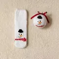 Weiße Korallenfleece-Weihnachtssocken mit Schneemann-Design und runder Geschenkbox - Schneemann mit Mütze / Kinderstil (Dreieckige Box) / Weiß