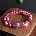Luxe dubbelstrengs kristallen armband met roze toermalijn en zoetwaterparels - Dubbele Wikkelarmband / Roze Druif Toermalijn