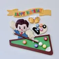 Set de decoración de pastel de cumpleaños con tema de billar y banner Happy Birthday - Juego de Cuatro Piezas de Billar Masculino de Pegamento Suave