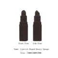 Detail view of chocolate-colored lipstick-shaped makeup blender with precise dimensions - Lipstick Shape Style / Frosted Bag
