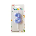 Detailed shot of a purple number 3 birthday candle featuring colorful star patterns for cake - Number 3 / 1 Piece / Purple