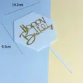Decoración para tarta Happy Birthday hexagonal de acrílico blanco y dorado con medidas - Topper Hexagonal / Azul