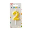 Yellow number 2 birthday candle with colorful star patterns in retail packaging - Number 2 / 1 Piece / Yellow