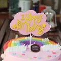 Close-up detail of pink cloud cake topper with yellow Happy Birthday text and stars - 1 Piece / Pink
