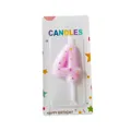 Pink number 4 candle with colorful star patterns for birthday cake decoration. - Number 4