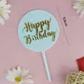 Decoración redonda para tarta en azul claro con elegante texto dorado Happy Birthday, 9,8 cm - Topper Redondo / Azul