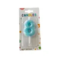 Decorative light blue number 8 birthday candle with colorful stars in blister pack - Number 8
