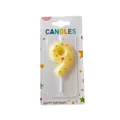 Yellow number 9 birthday candle with colorful star pattern in retail packaging - Number 9