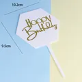 Adorno hexagonal blanco para tarta con texto Happy Birthday dorado y dimensiones - Topper Hexagonal / Blanco