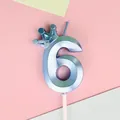 Elegante vela de cumpleaños número 6 azul metalizado con corona para pasteles de fiesta - 6 / 1 Pieza / Azul