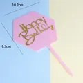 Decoración para tarta Happy Birthday hexagonal rosa en acrílico con dimensiones mostradas - Topper Hexagonal / Rosa