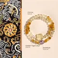 Double-strand bracelet with 6mm Citrine, Golden Tiger Eye and 10mm Amethyst beads. - Citrine Tiger Eye Double Wrap Bracelet / 6mm/10mm