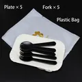 Kit vaisselle jetable pour gâteaux avec 5 assiettes en papier et 5 cuillères-fourchettes - 5 Assiettes 5 Fourchettes / Noir