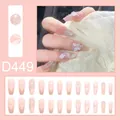 Detailed view of pink press-on nails set with 3D butterfly and ribbon accents - Light Pink Butterfly Ribbon Pearl Style (D449)