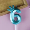 Vela de cumpleaños número 6 azul metálico con corona para la decoración de tarta - Corona Número 6 / Paquete Individual / Azul claro