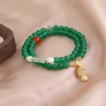 Elegante bracciale a due fili in perline di agata verde con ciondolo Buddha dorato, stile cinese - Verde Zen