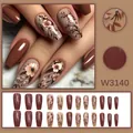 Close-up of retro floral patterns and full set of caramel press-on nails. - Long Coffin / 24 Pcs/Set / Caramel Milk Coffee (W3140)