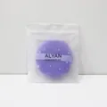 Soft purple ALYAN round powder puff inside a professional translucent storage bag. - Single Frosted Bag / Purple