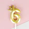 Elegante vela de cumpleaños número 6 dorada metálica con corona para decorar tartas - 6 / 1 Pieza / Dorado