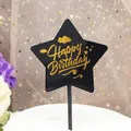 Adorno para pastel de estrella negra Happy Birthday con letras doradas de 10x10cm - Topper de Estrella / Negro