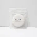 Soft white round powder puff with ALYAN brand ribbon in frosted packaging - White