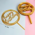Detailansicht eines goldenen Acryl Happy Birthday Tortenaufsatzes mit 10,2 cm Maß - Gold Doppelrund Stil / 10er Pack / Gold