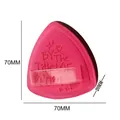 Detailed view of triangular pink makeup puff dimensions showing 70mm x 70mm size - Bulk/Loose Packaging / Red