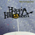 Detailed black Happy Halloween cake topper featuring a yellow pumpkin and bat silhouettes - Pumpkin Style