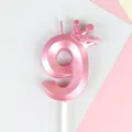 Vela de cumpleaños número 9 rosa metalizado con corona tarta - 9 / Rosa