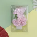 Vela de cumpleaños rosa con purpurina número 3 con un lazo lindo para decoración - Vela de Número Lazo Rosa 3