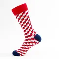 Detailed view of vintage geometric red white and blue checkered cotton crew sock - One Size / Red White Blue Geometric