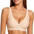 Seamless wireless nude bra featuring a comfortable V-neck design and gathered fit for women - Tan