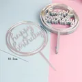 Silberner Happy Birthday Tortenaufsatz aus Acryl, Detailansicht mit 10,2 cm Breite. - Doppelkreis-Stil / 10er Pack / Silber